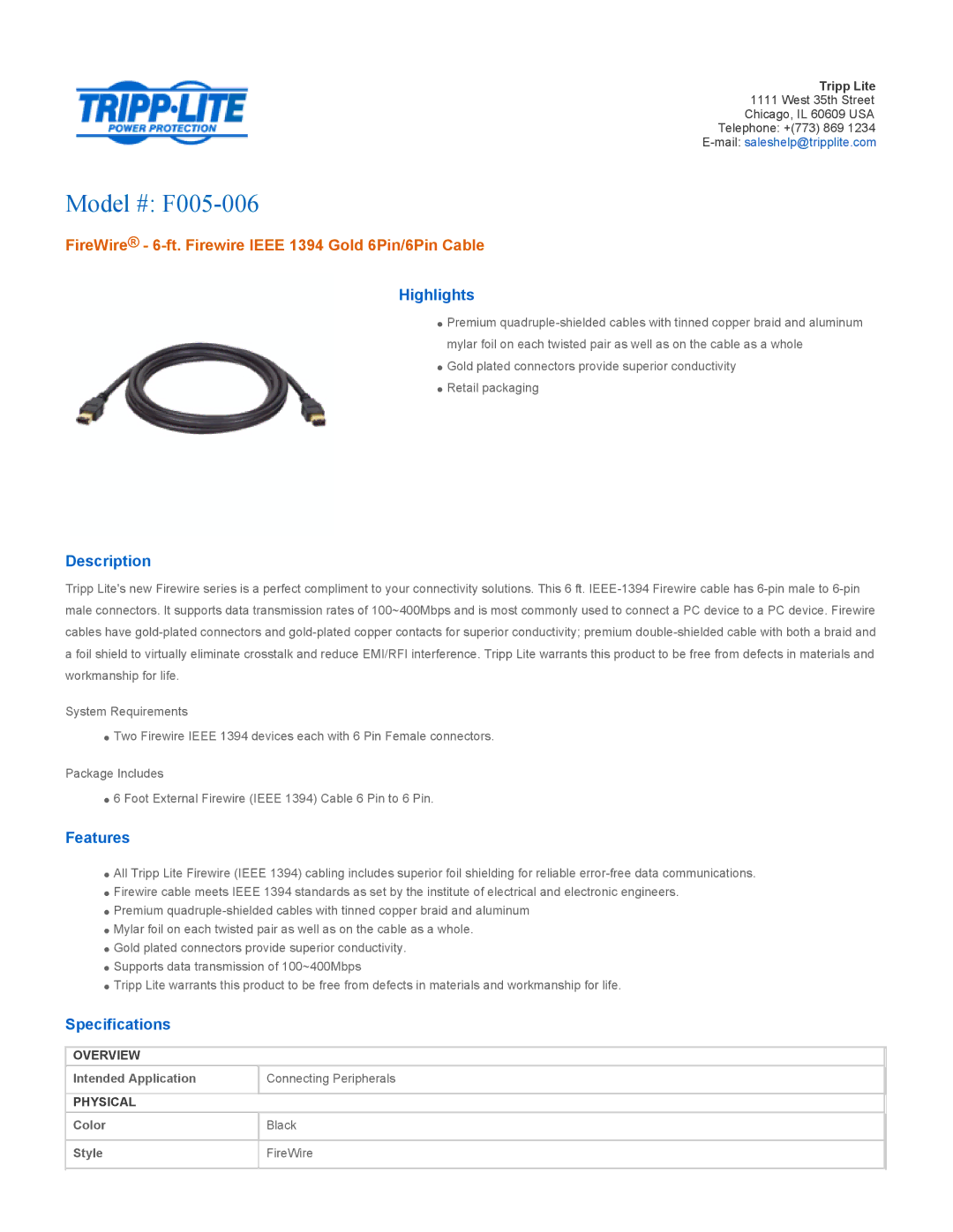 Tripp Lite specifications Model # F005-006, FireWire 6-ft. Firewire Ieee 1394 Gold 6Pin/6Pin Cable 