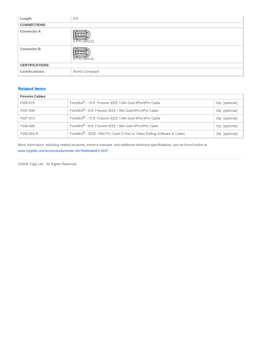 Tripp Lite F005-006 specifications Related Items, Firewire Cables 