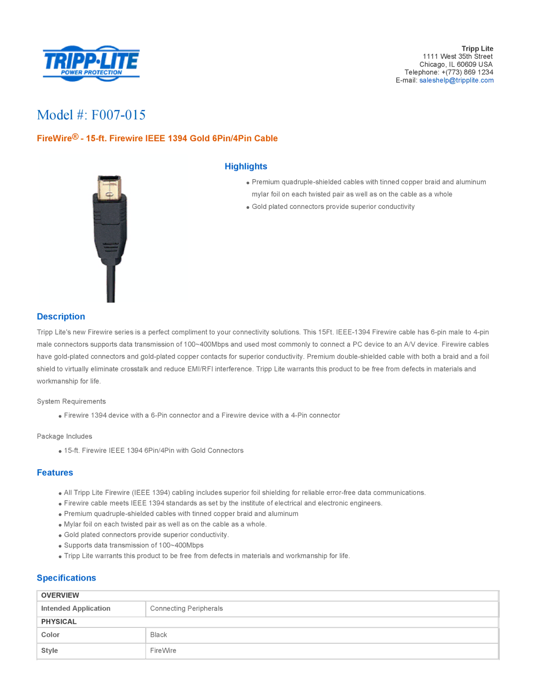 Tripp Lite f007-015 specifications Model # F007-015, FireWire 15-ft. Firewire Ieee 1394 Gold 6Pin/4Pin Cable 