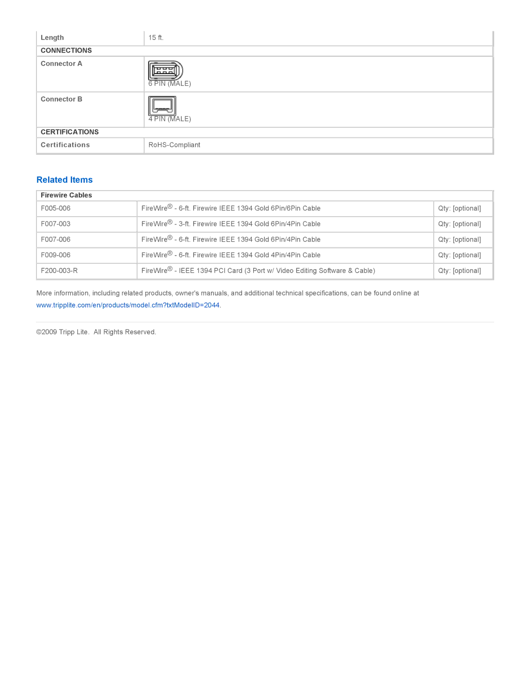 Tripp Lite f007-015 specifications Related Items, Firewire Cables 