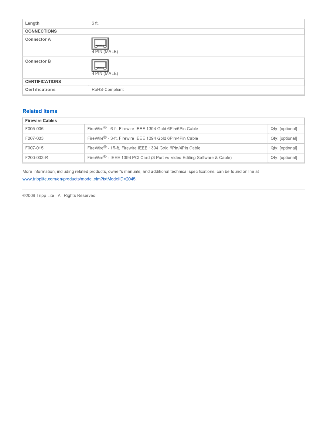 Tripp Lite F009-006 specifications Related Items, Firewire Cables 