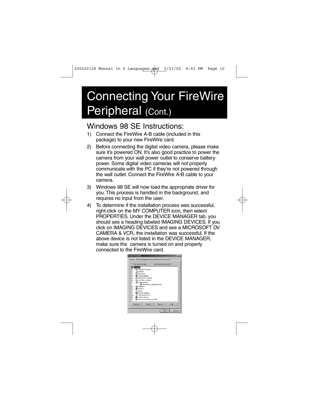Tripp Lite F200-003-R user manual Connecting Your FireWire Peripheral Cont, Windows 98 SE Instructions 