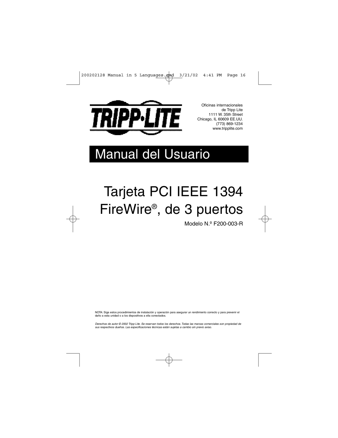 Tripp Lite F200-003-R user manual Tarjeta PCI IEEE 1394 FireWire, de 3 puertos, Manual del Usuario 