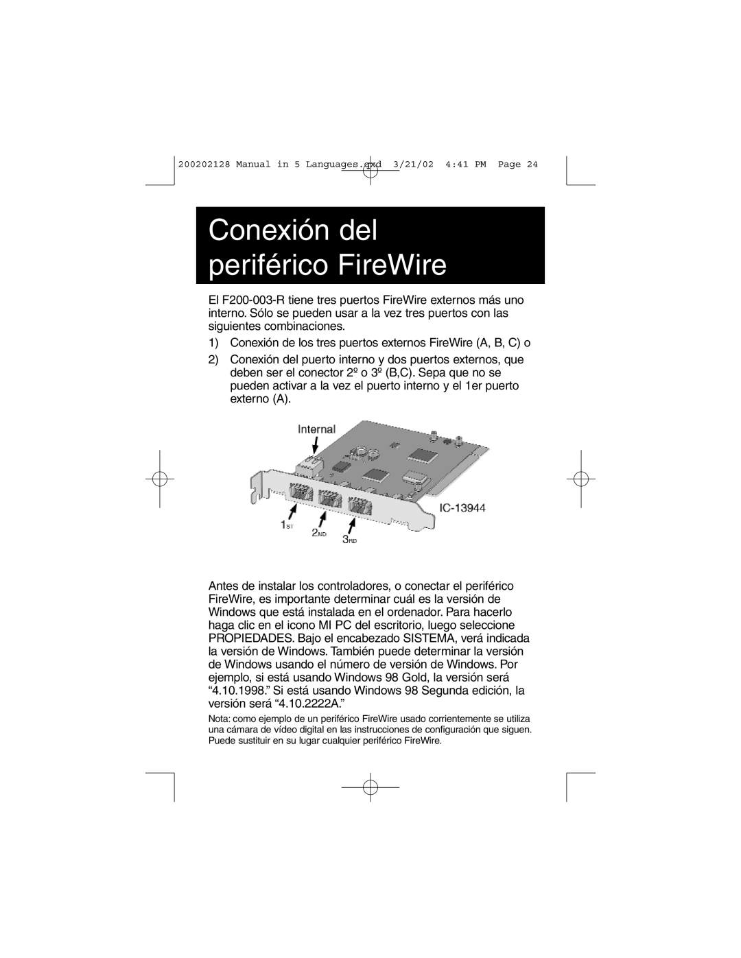 Tripp Lite F200-003-R user manual Conexión del periférico FireWire 