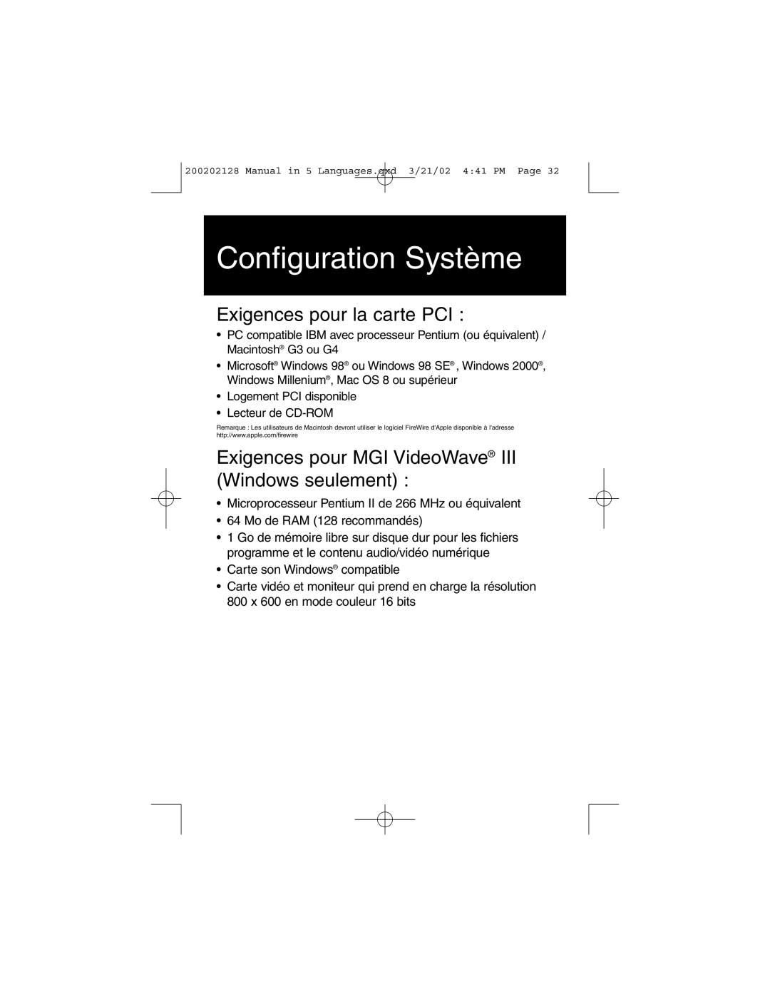 Tripp Lite F200-003-R user manual Configuration Système, Exigences pour la carte PCI 