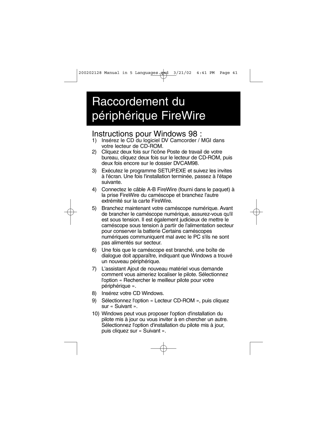 Tripp Lite F200-003-R user manual Instructions pour Windows, Raccordement du périphérique FireWire 