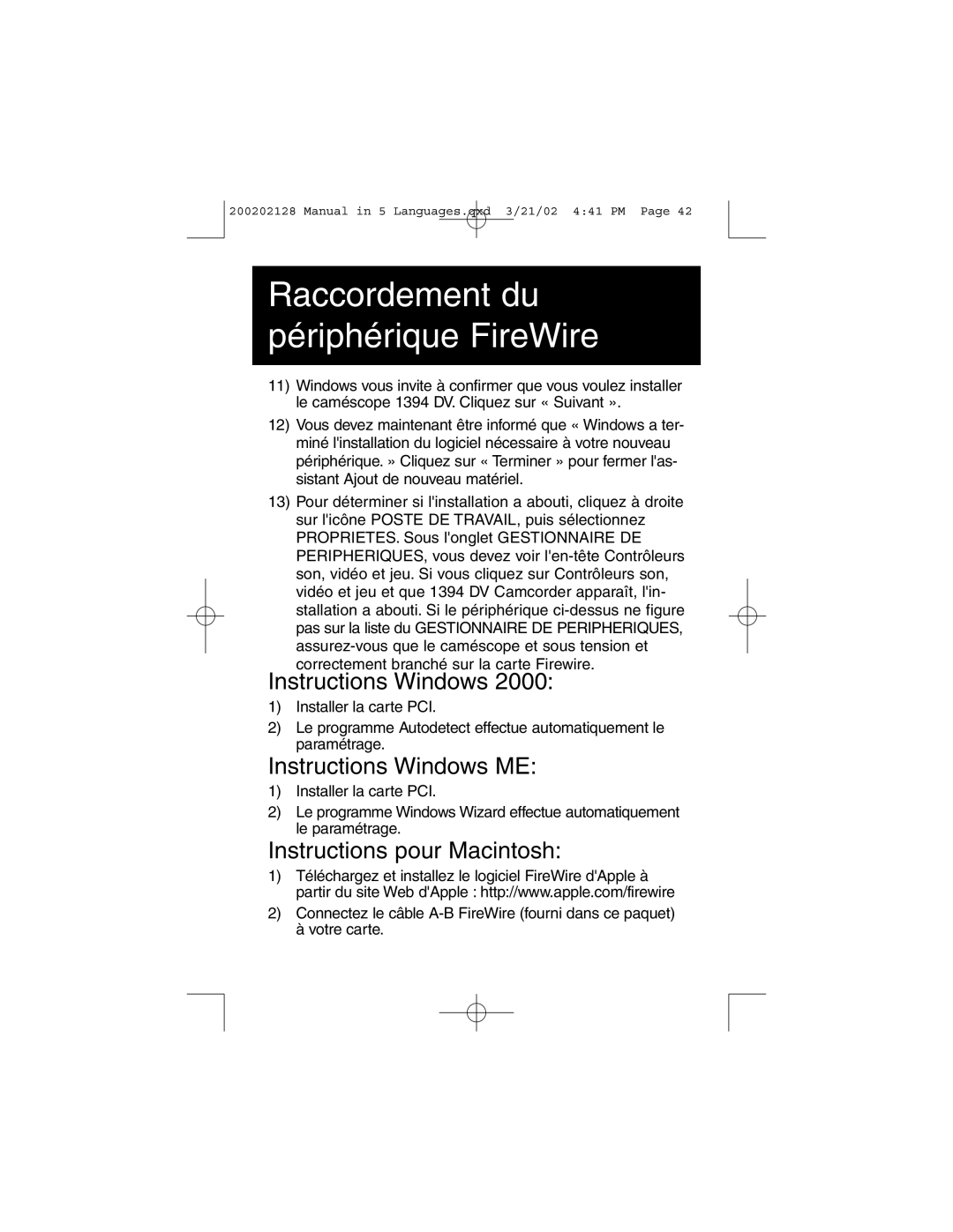 Tripp Lite F200-003-R Instructions Windows ME, Instructions pour Macintosh, Raccordement du périphérique FireWire 