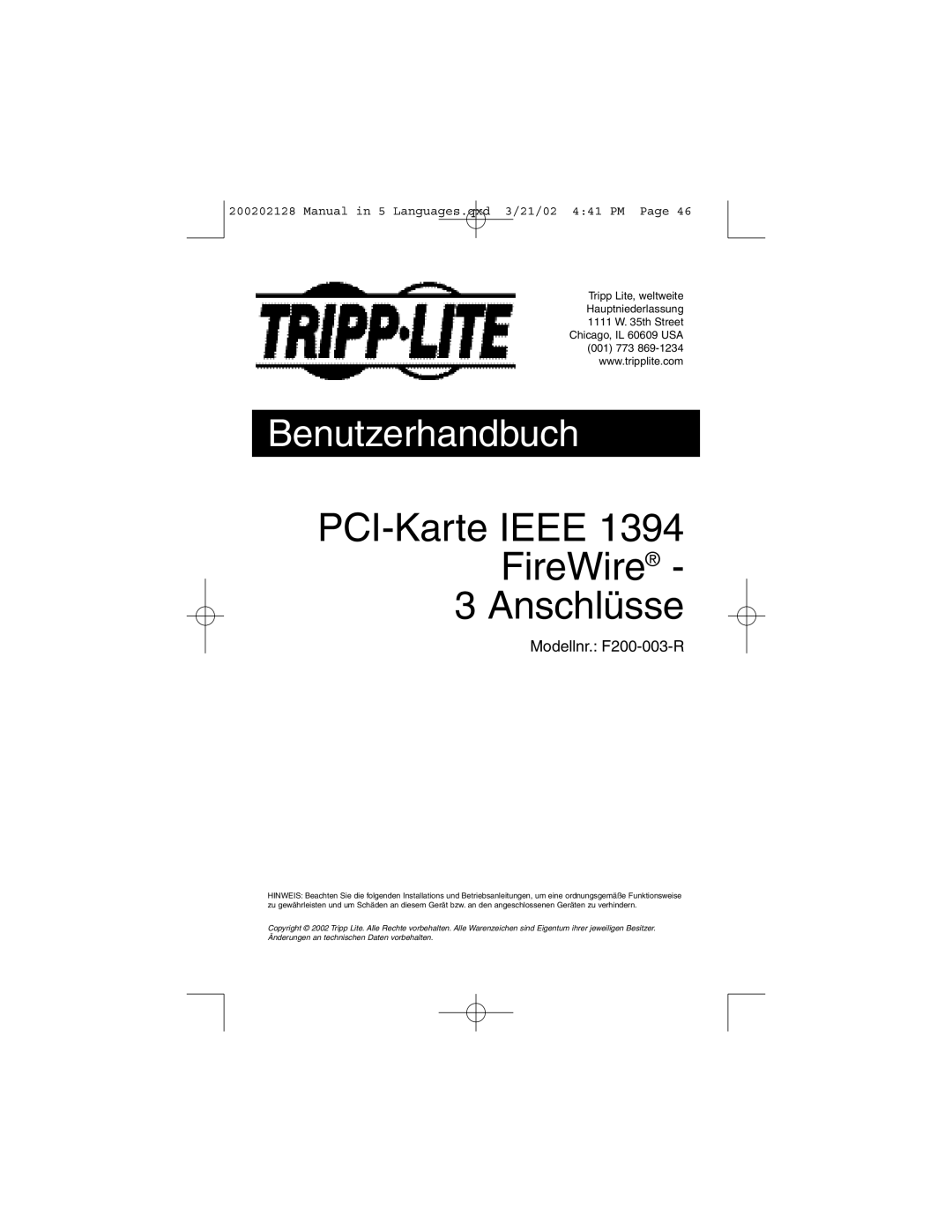 Tripp Lite F200-003-R user manual PCI-Karte IEEE FireWire 3 Anschlüsse, Benutzerhandbuch 