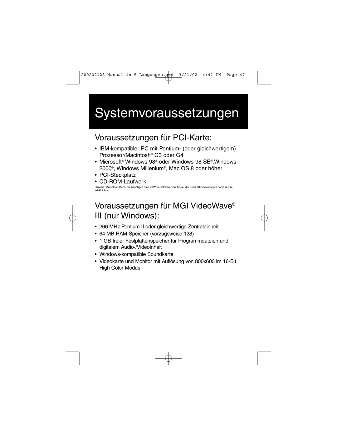 Tripp Lite F200-003-R user manual Systemvoraussetzungen, Voraussetzungen für PCI-Karte 