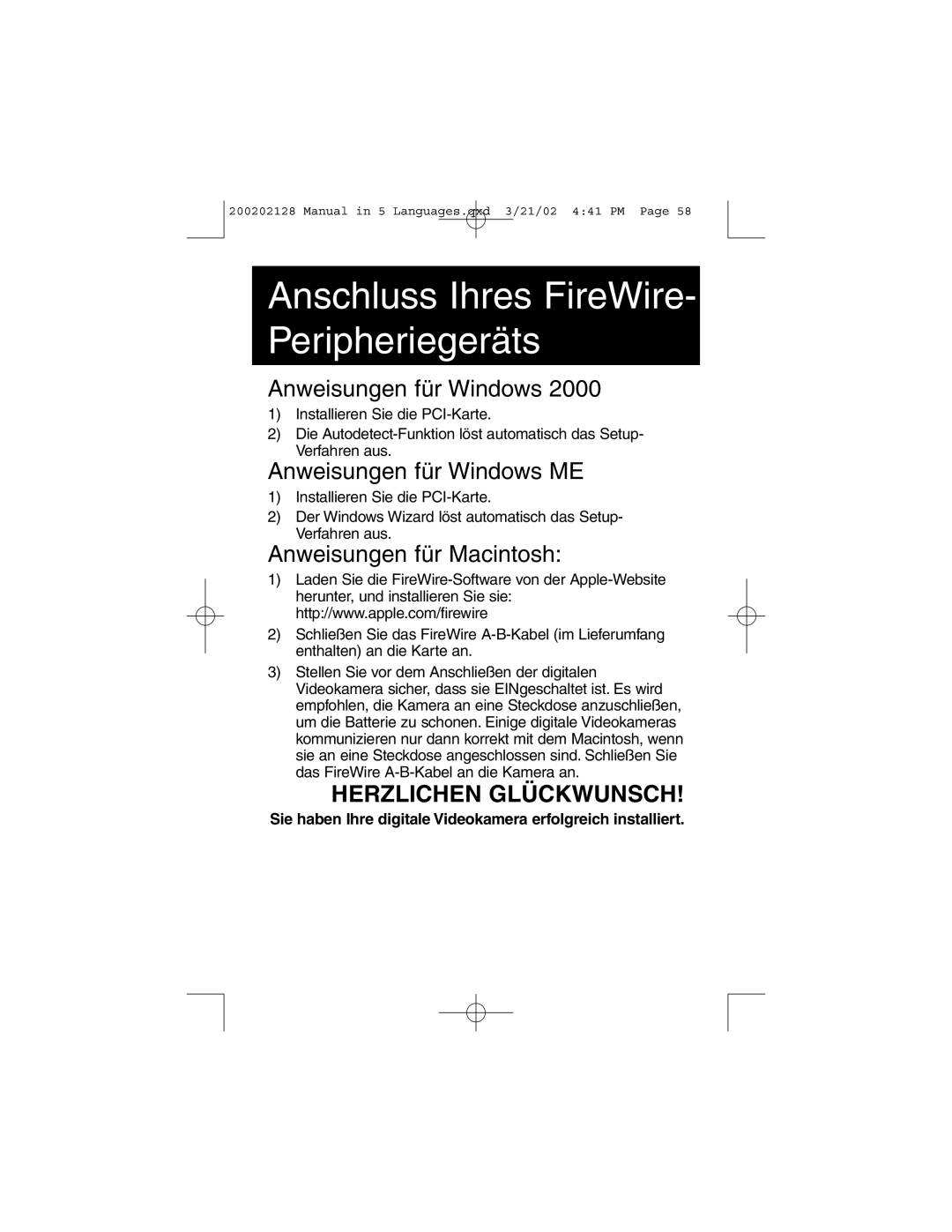 Tripp Lite F200-003-R user manual Anweisungen für Windows ME, Anweisungen für Macintosh, Herzlichen Glückwunsch 