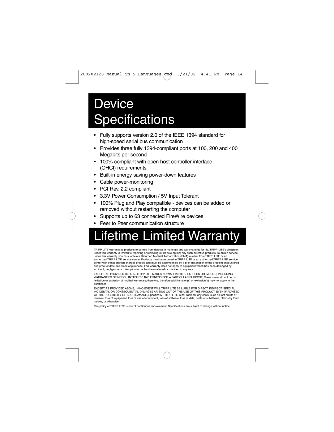 Tripp Lite F200-003-R user manual Device Specifications, Lifetime Limited Warranty 