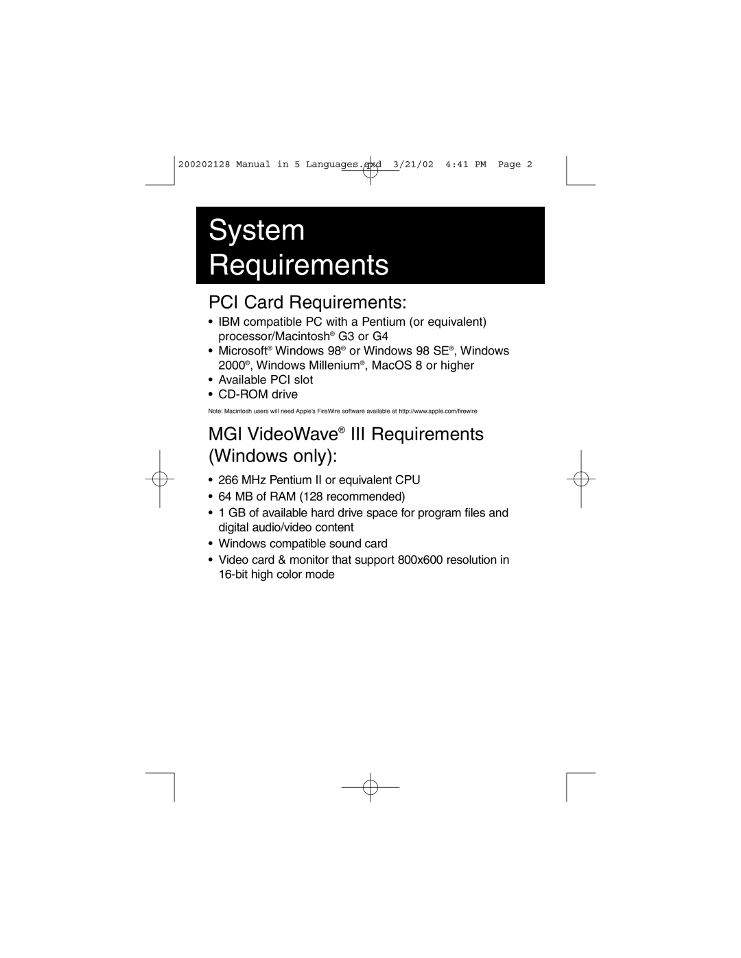 Tripp Lite F200-003-R user manual System Requirements, PCI Card Requirements, MGI VideoWave III Requirements Windows only 