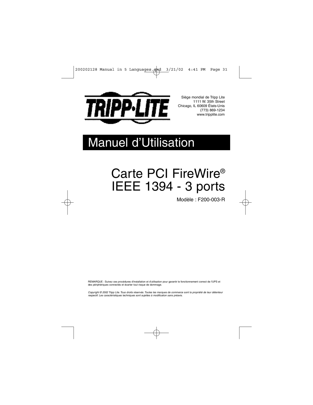 Tripp Lite F200-003-R user manual Carte PCI FireWire Ieee 1394 3 ports, Manuel d’Utilisation 