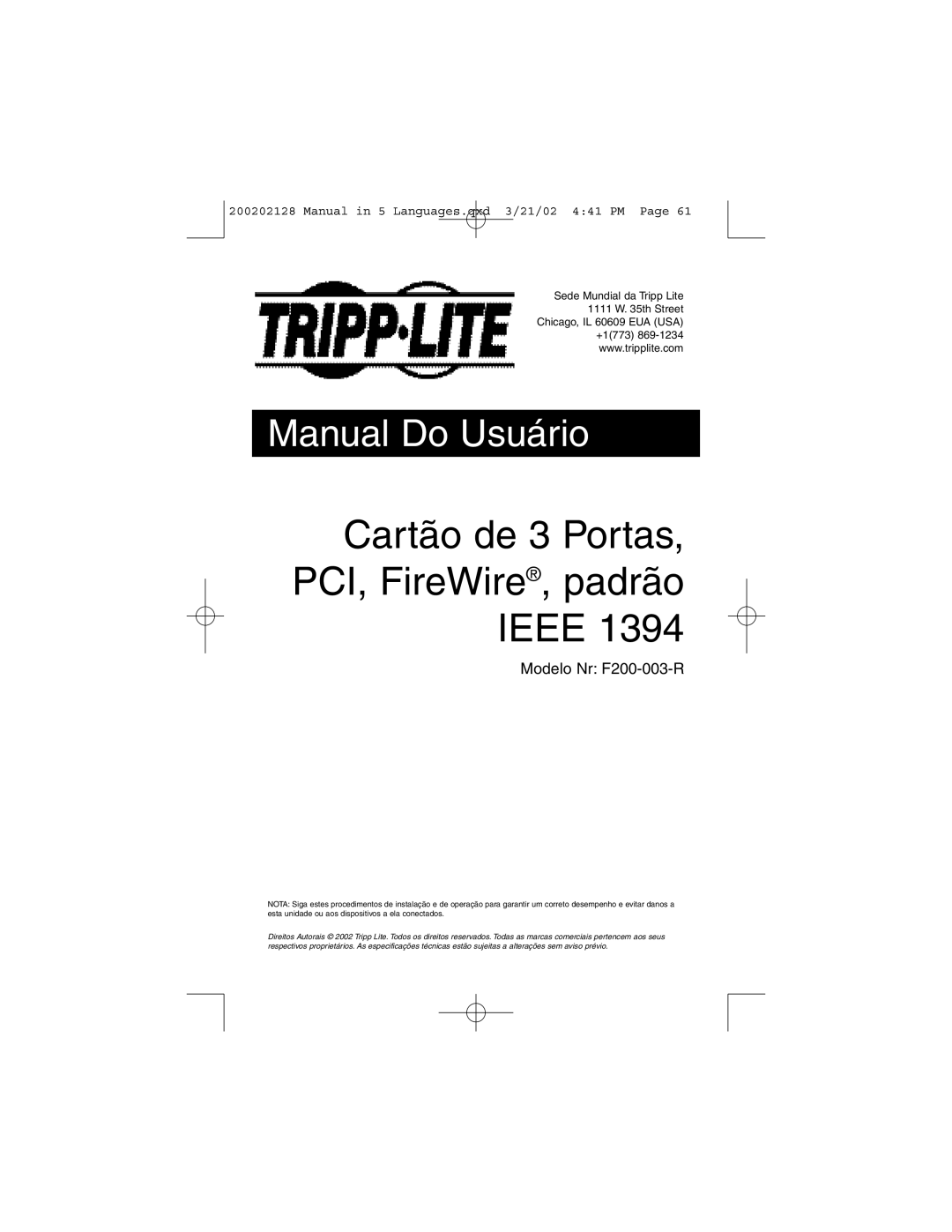 Tripp Lite F200-003-R user manual Cartão de 3 Portas, PCI, FireWire, padrão Ieee, Manual Do Usuário 