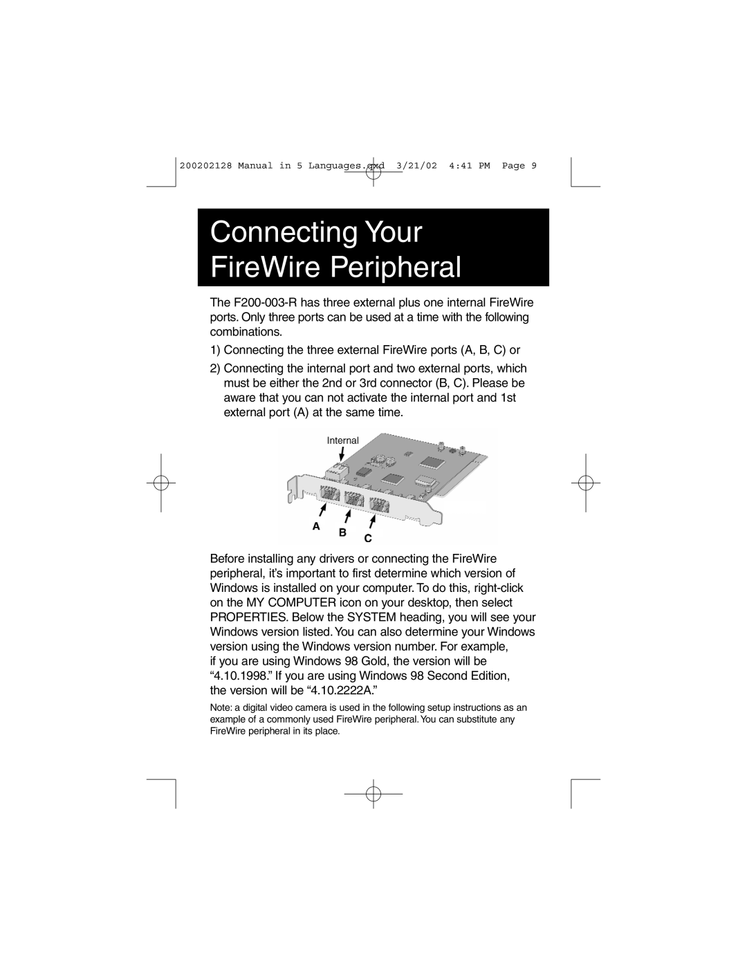 Tripp Lite F200-003-R user manual Connecting Your FireWire Peripheral 