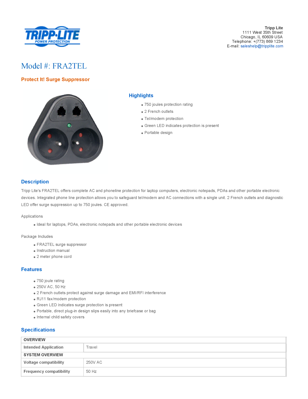 Tripp Lite specifications Model # FRA2TEL, Protect It! Surge Suppressor 