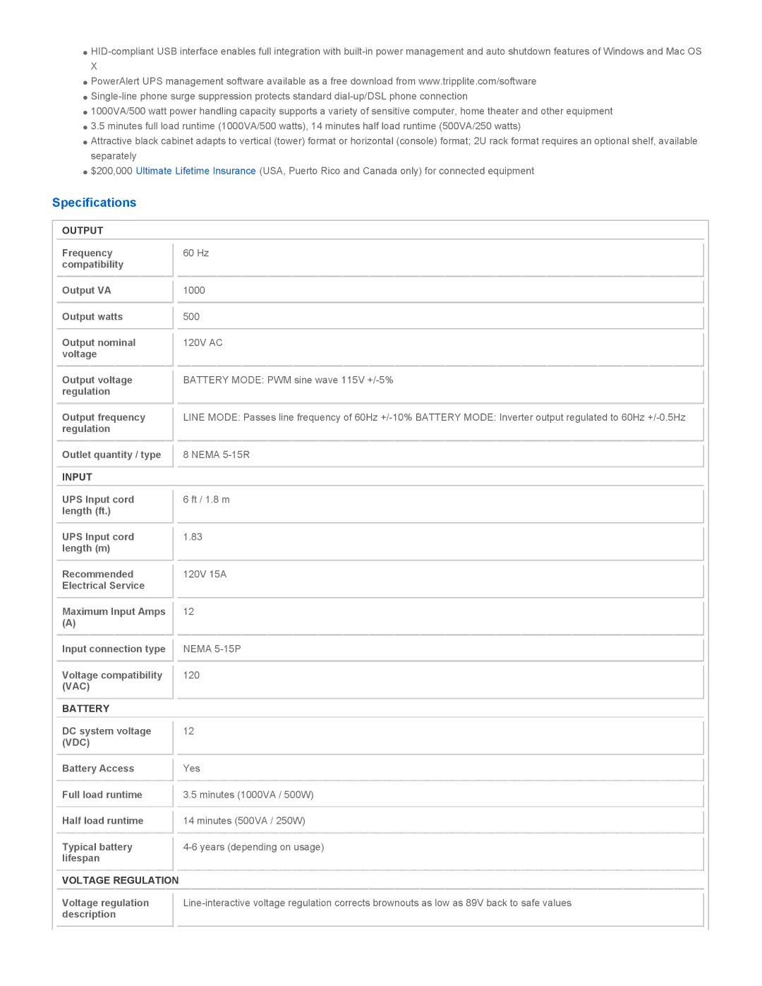 Tripp Lite G1000UB owner manual Specifications, Output, Input, Battery, Voltage Regulation 