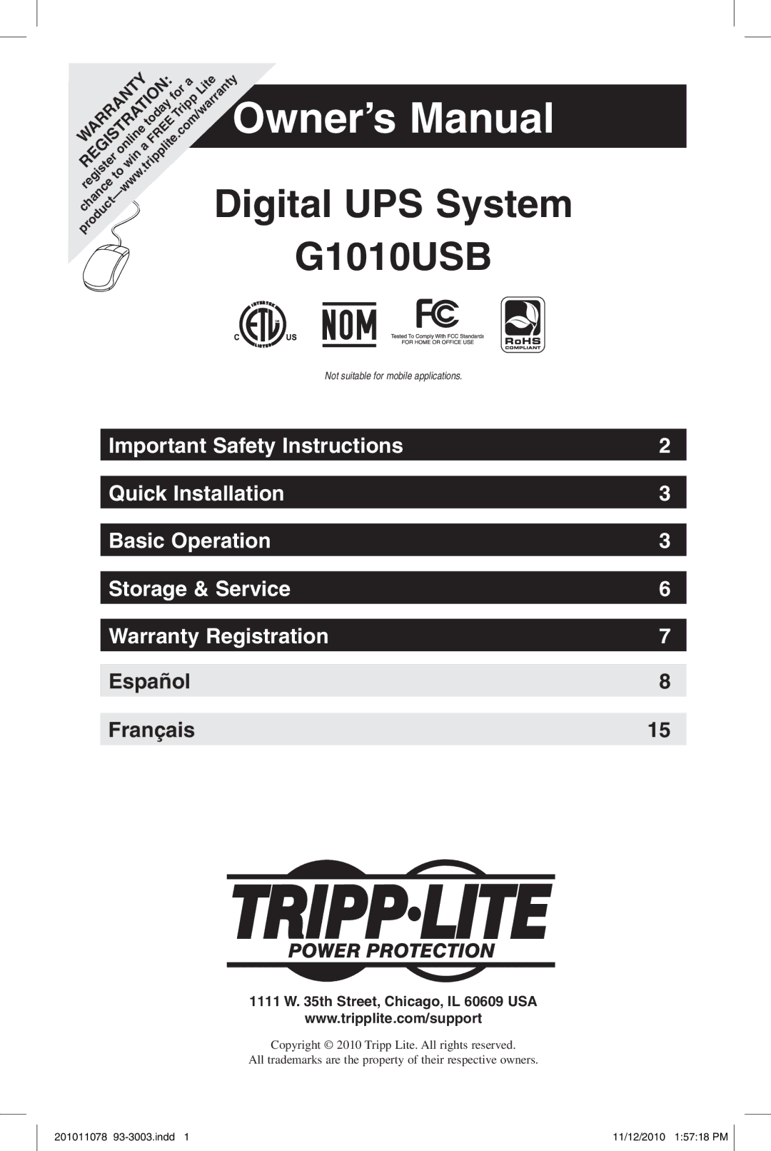 Tripp Lite G1010USB owner manual Th Street, Chicago, IL 60609 USA 