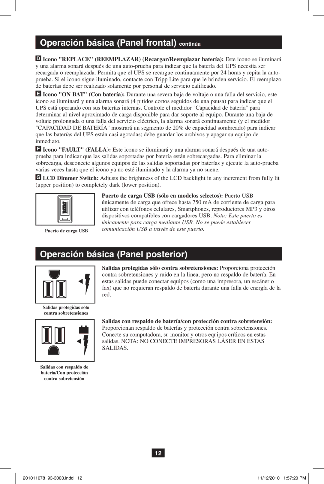 Tripp Lite G1010USB owner manual Operación básica Panel posterior, Puerto de carga USB sólo en modelos selectos Puerto USB 