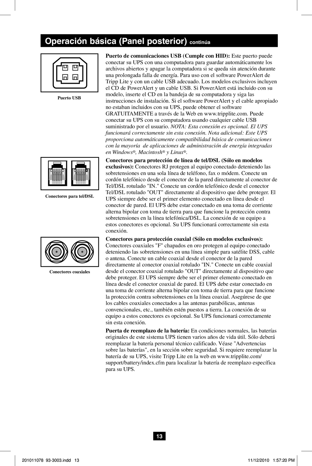 Tripp Lite G1010USB owner manual Operación básica Panel posterior continúa 