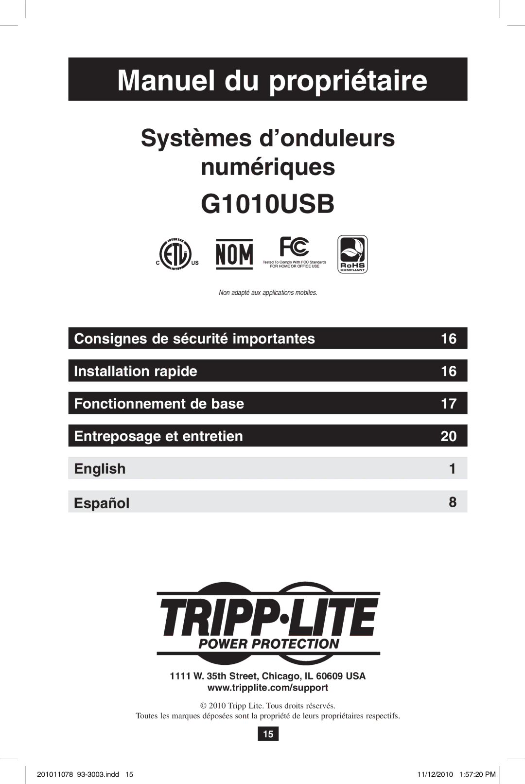 Tripp Lite G1010USB owner manual Manuel du propriétaire 