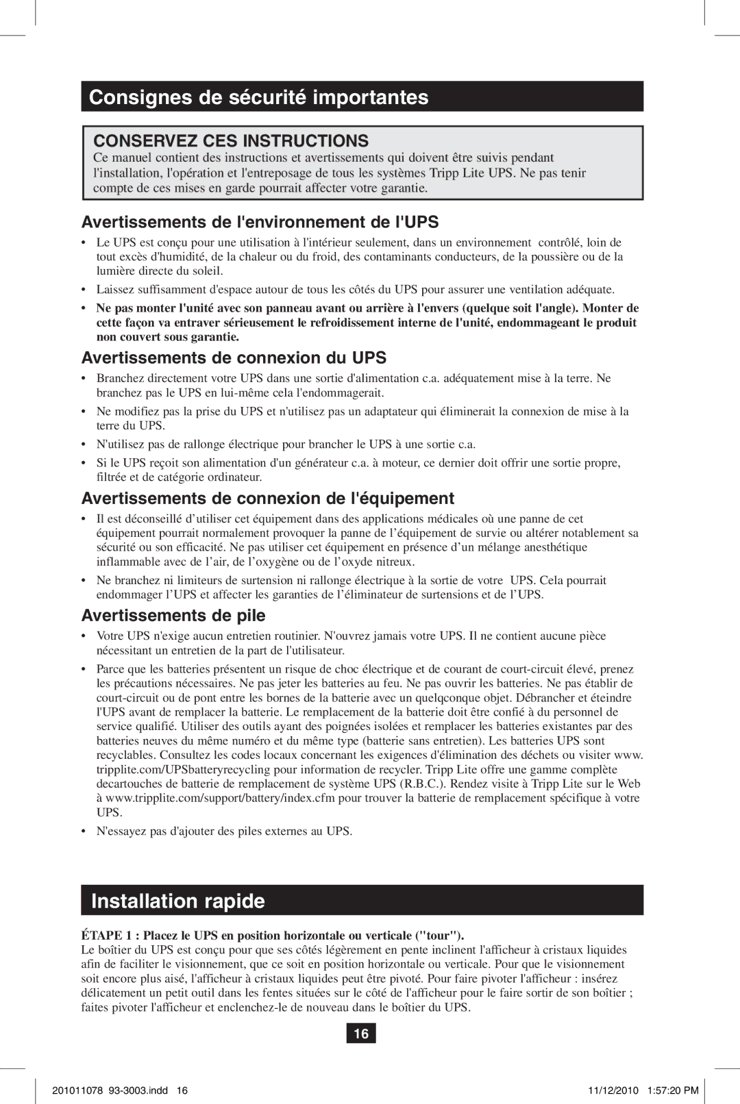 Tripp Lite G1010USB Consignes de sécurité importantes, Avertissements de lenvironnement de lUPS, Avertissements de pile 