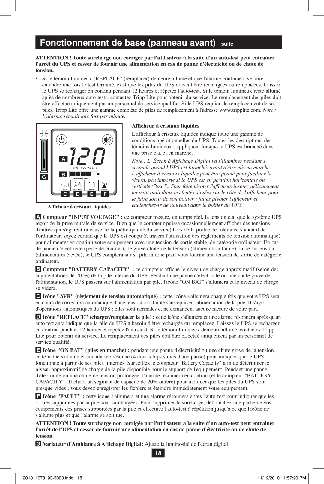 Tripp Lite G1010USB owner manual Fonctionnement de base panneau avant suite, Afficheur à cristaux liquides 