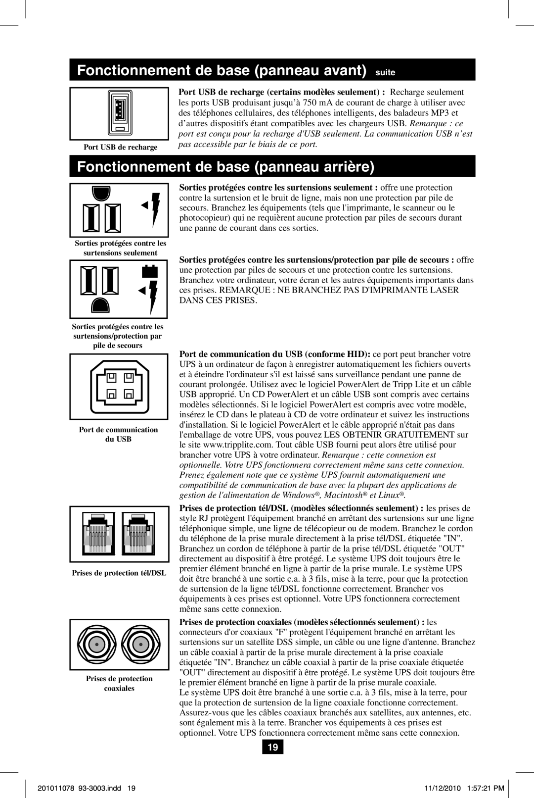 Tripp Lite G1010USB owner manual Fonctionnement de base panneau arrière 