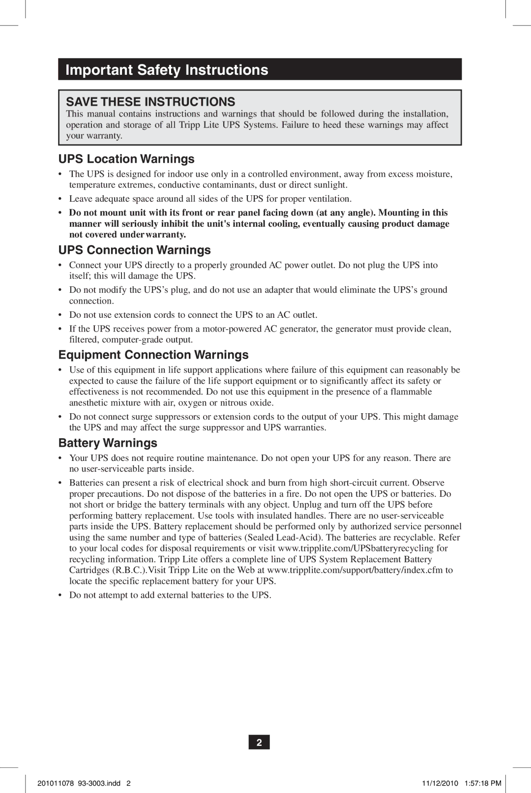 Tripp Lite G1010USB Important Safety Instructions, UPS Location Warnings, UPS Connection Warnings, Battery Warnings 