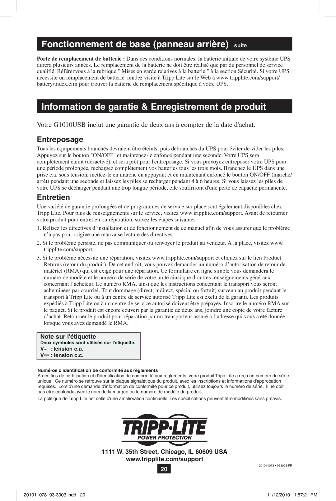 Tripp Lite G1010USB owner manual Entreposage, Entretien 