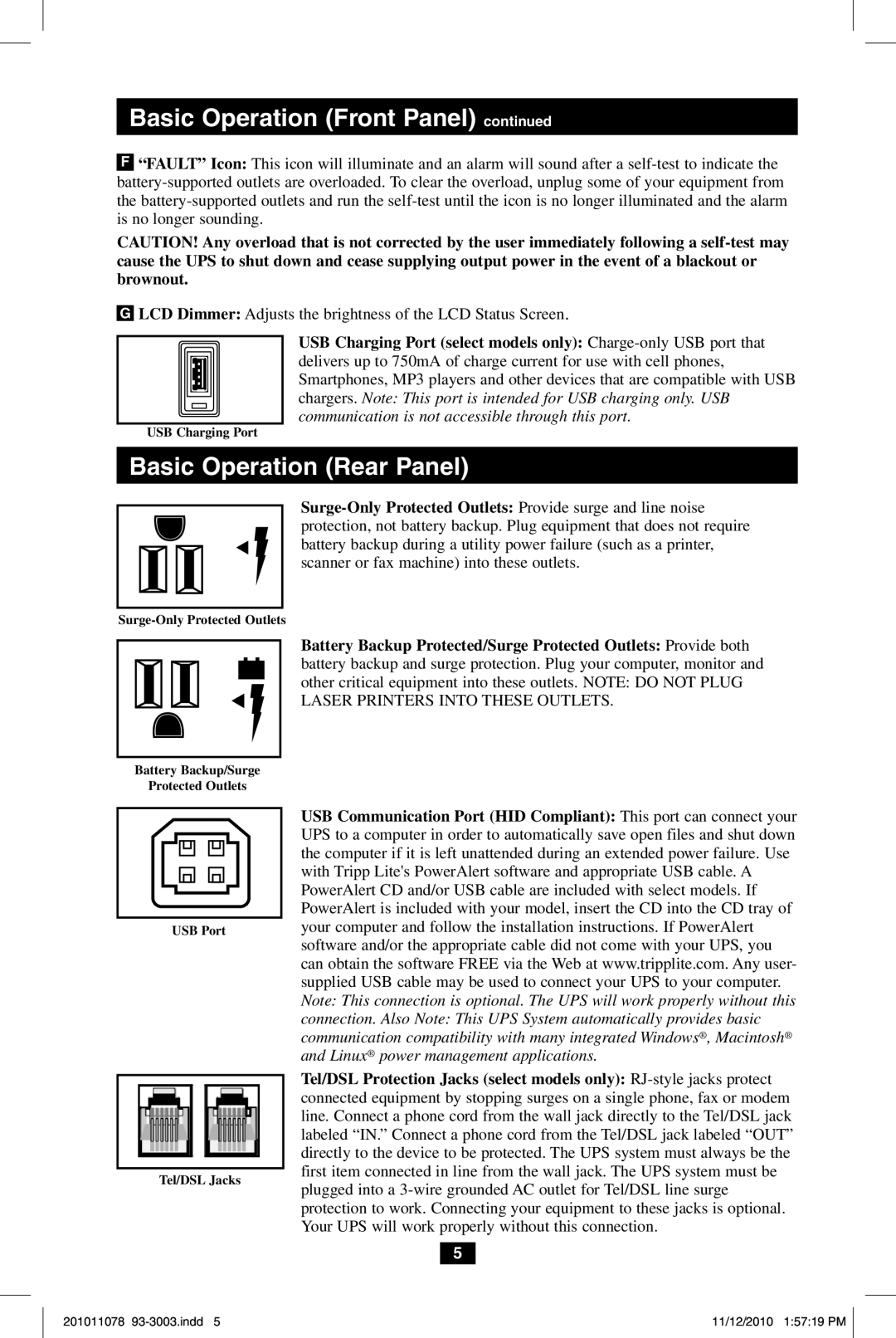 Tripp Lite G1010USB owner manual Basic Operation Rear Panel 