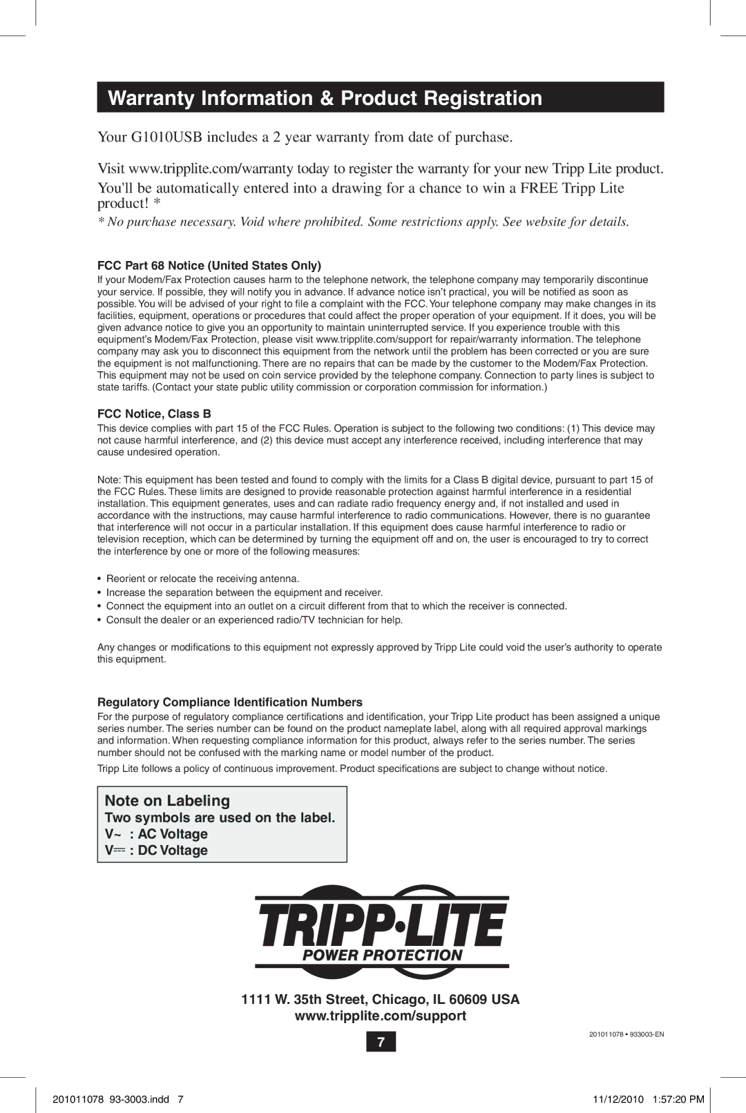 Tripp Lite G1010USB Warranty Information & Product Registration, FCC Part 68 Notice United States Only FCC Notice, Class B 