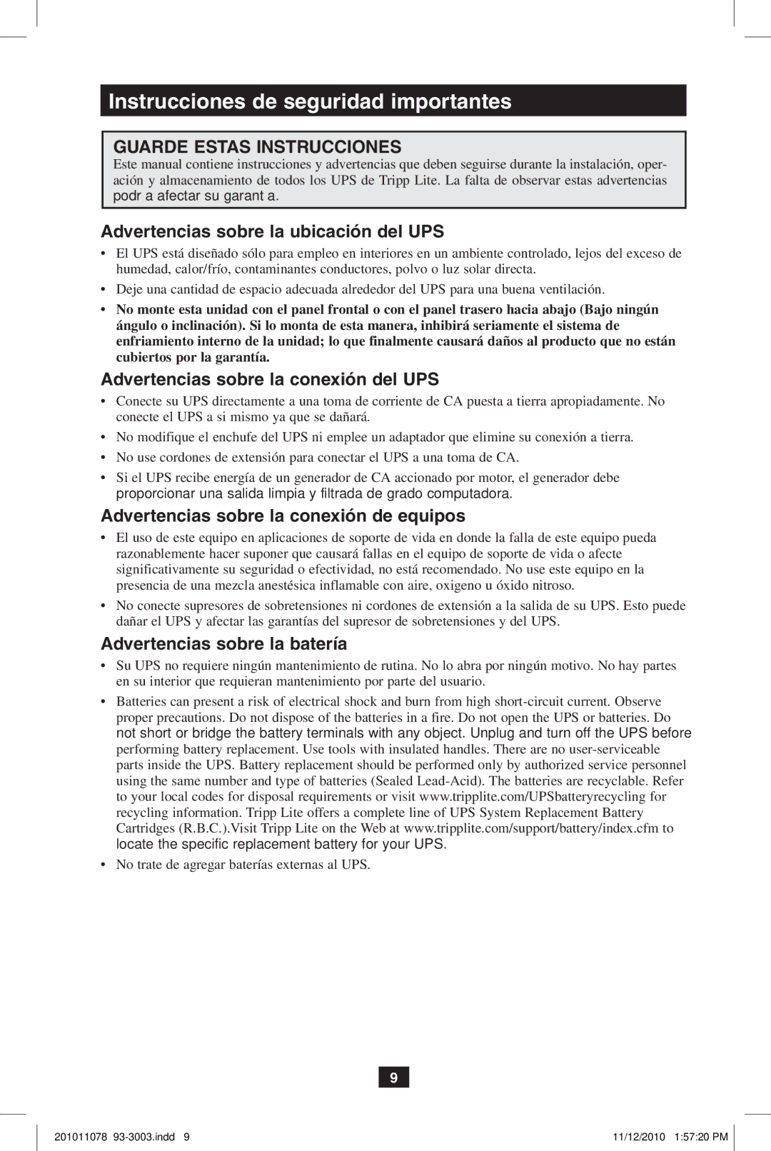 Tripp Lite G1010USB owner manual Instrucciones de seguridad importantes, Advertencias sobre la ubicación del UPS 