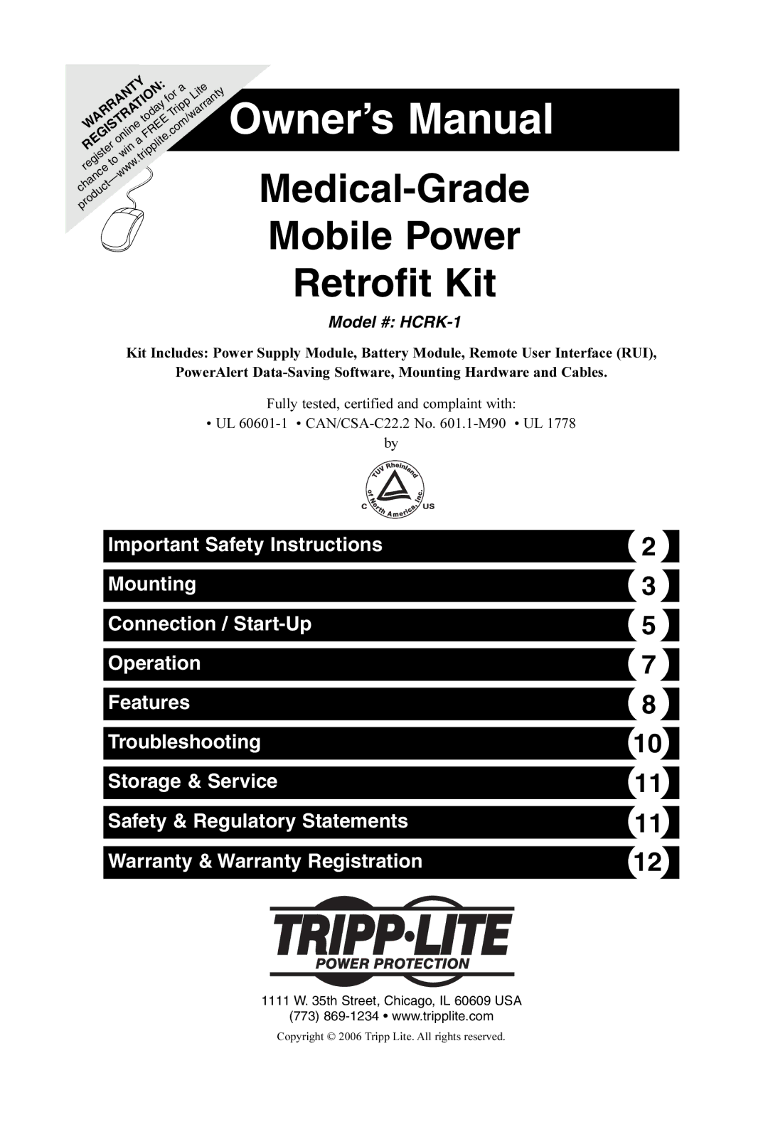 Tripp Lite HCRK-1 owner manual Medical-Grade Mobile Power Retrofit Kit 