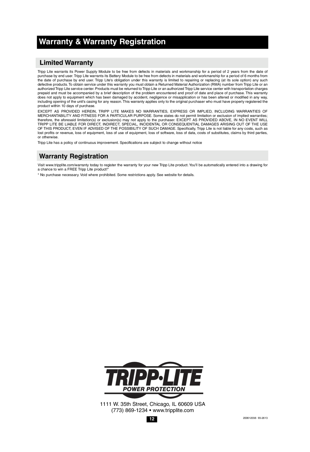 Tripp Lite HCRK-1 owner manual Limited Warranty, Warranty Registration 