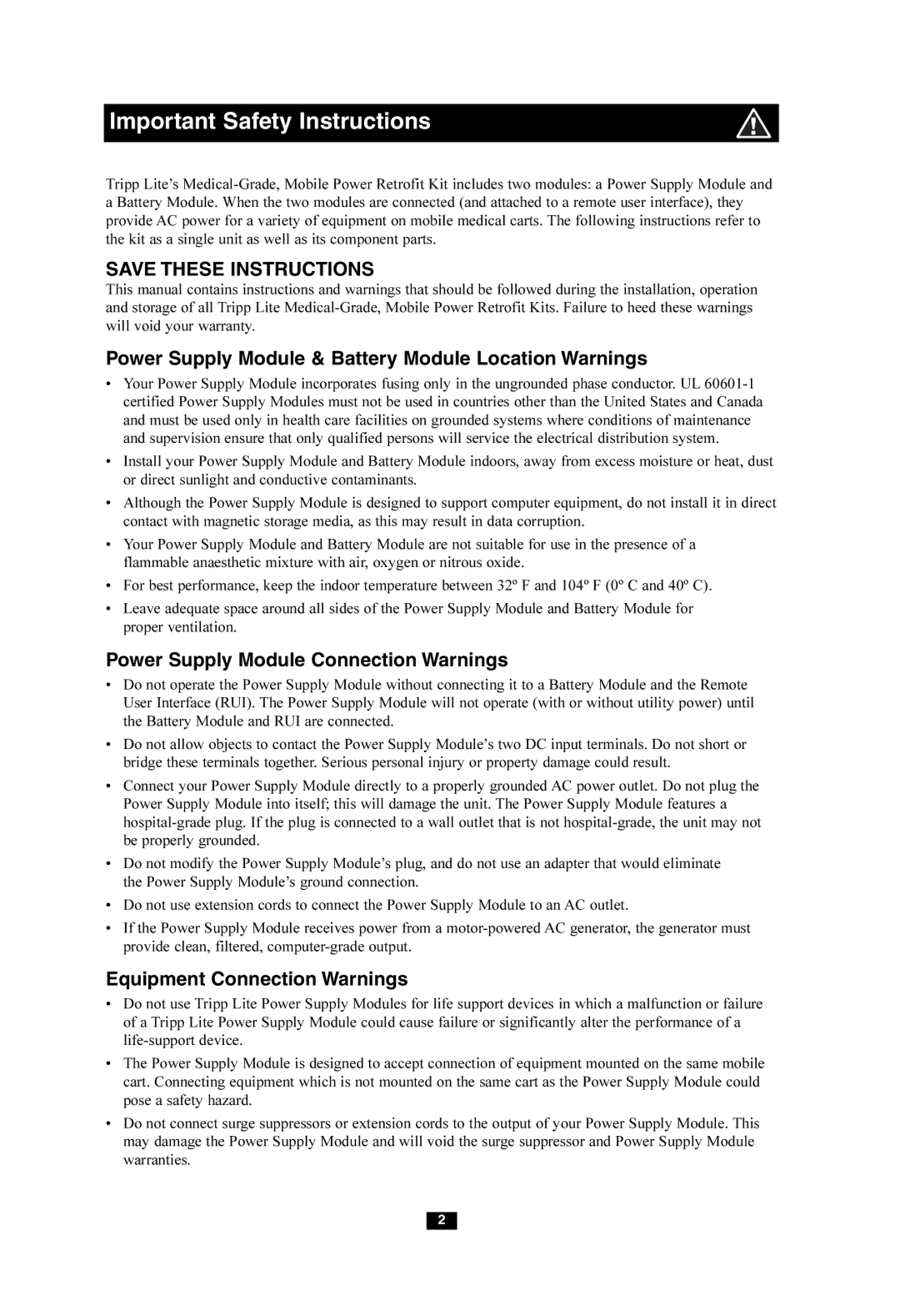 Tripp Lite HCRK-1 owner manual Important Safety Instructions, Power Supply Module & Battery Module Location Warnings 