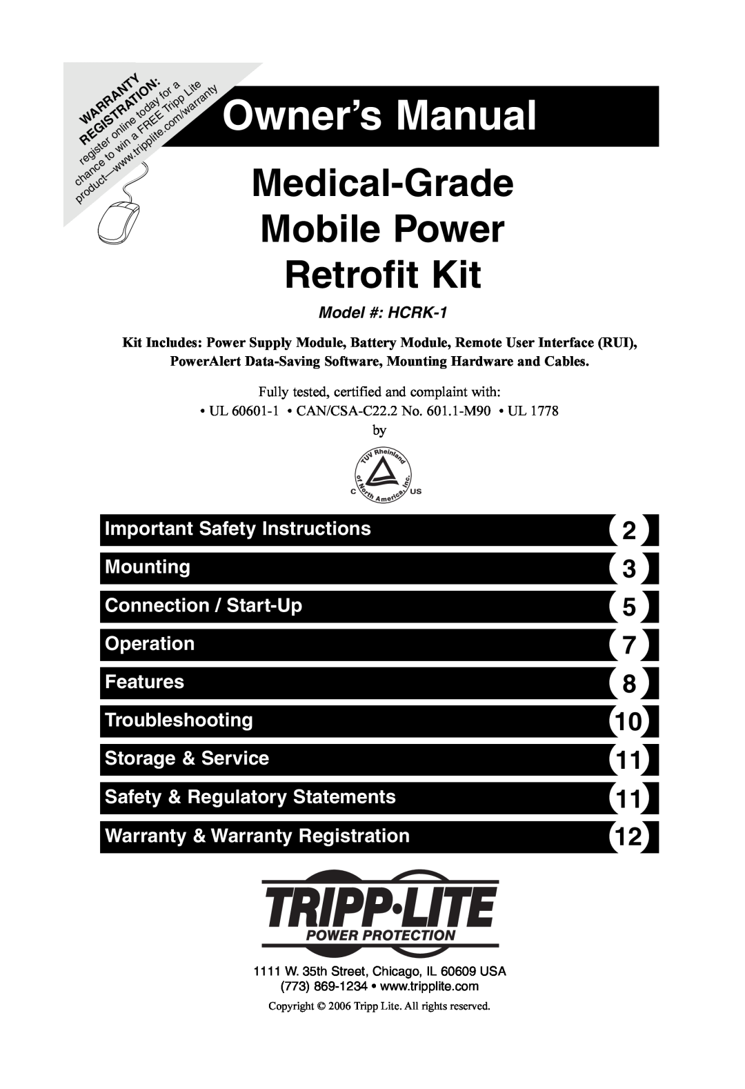Tripp Lite HCRK-1 owner manual Connection / Start-Up Operation Features Troubleshooting, Warranty & Warranty Registration 