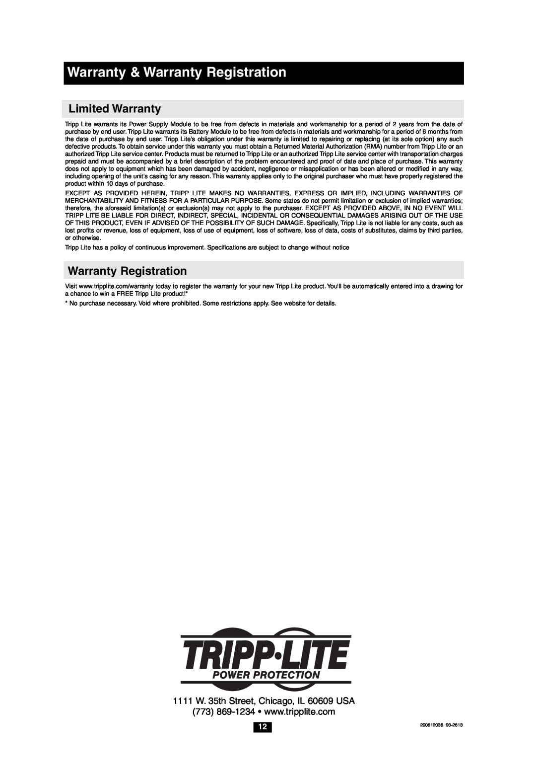 Tripp Lite HCRK-1 Limited Warranty, Warranty & Warranty Registration, 1111 W. 35th Street, Chicago, IL 60609 USA 
