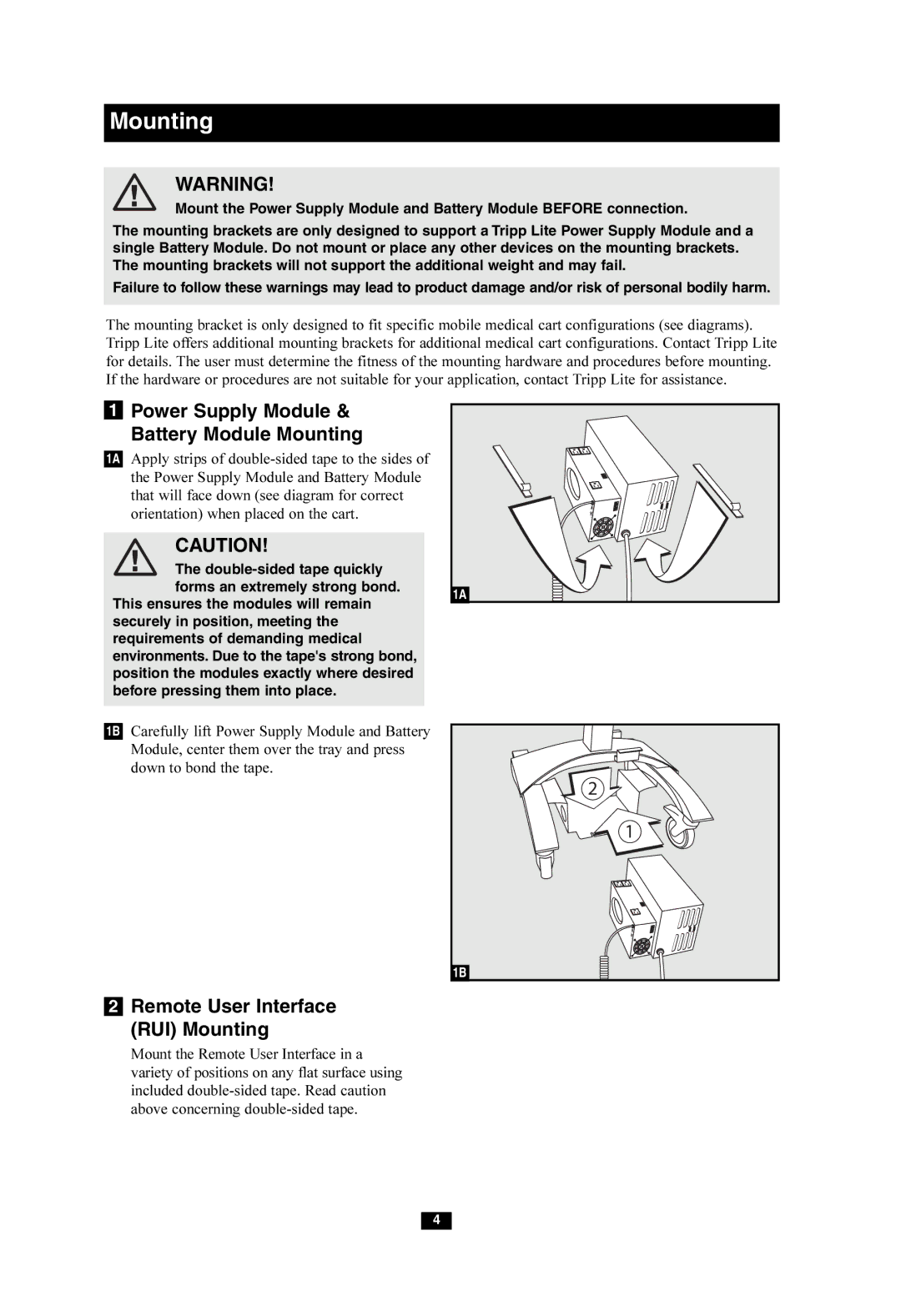 Tripp Lite HCRK-3 owner manual Power Supply Module & Battery Module Mounting, Remote User Interface RUI Mounting 