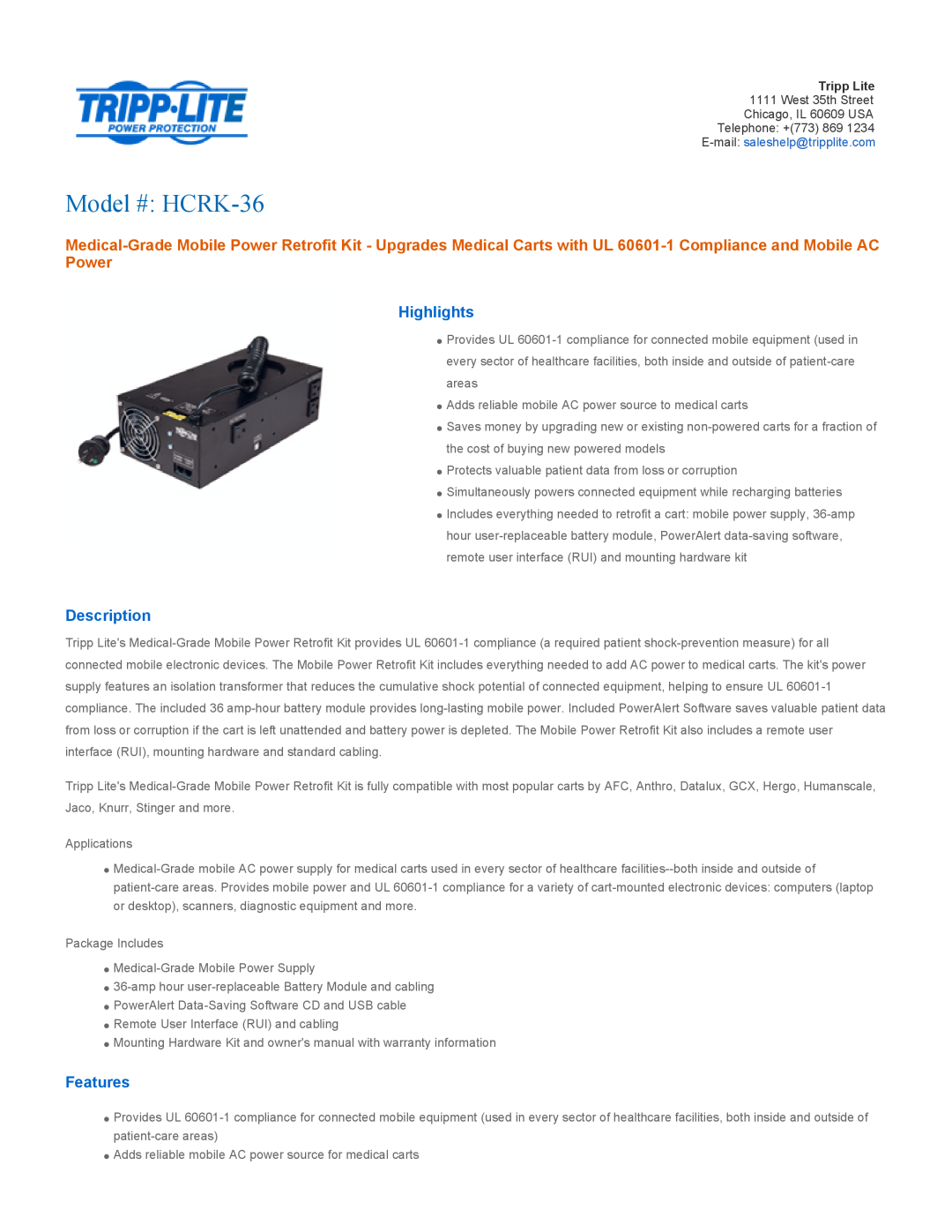 Tripp Lite owner manual Highlights, Description, Features, Model # HCRK-36 