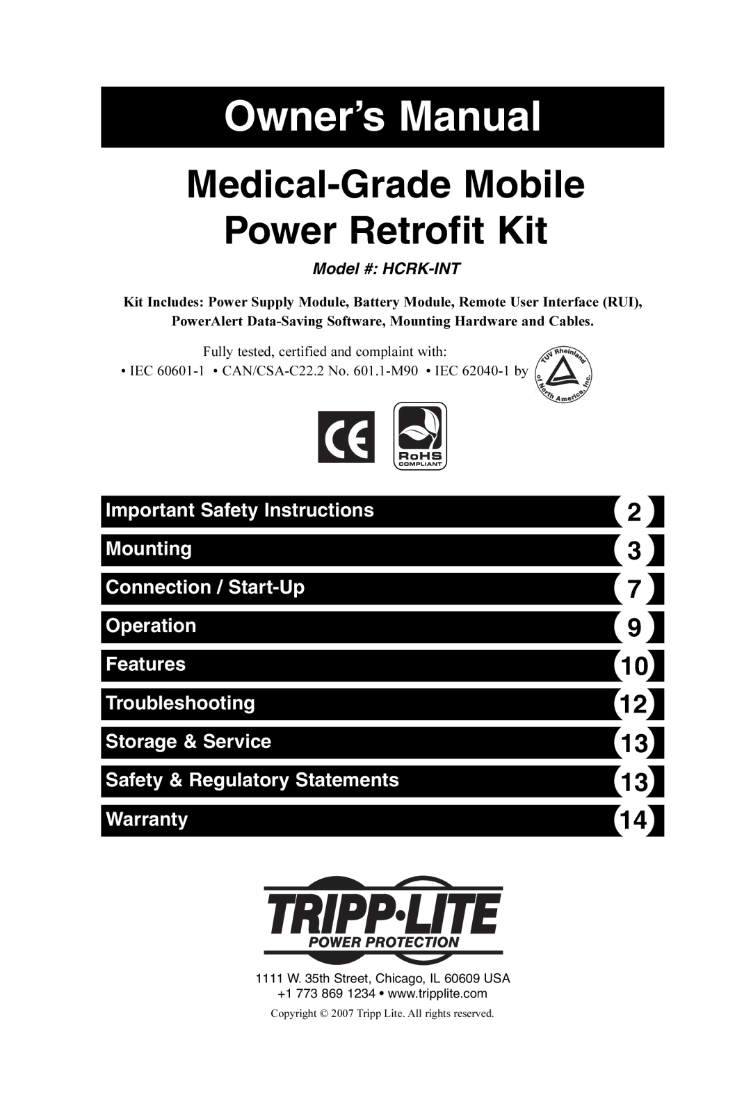 Tripp Lite HCRK-INT owner manual Medical-Grade Mobile Power Retrofit Kit 