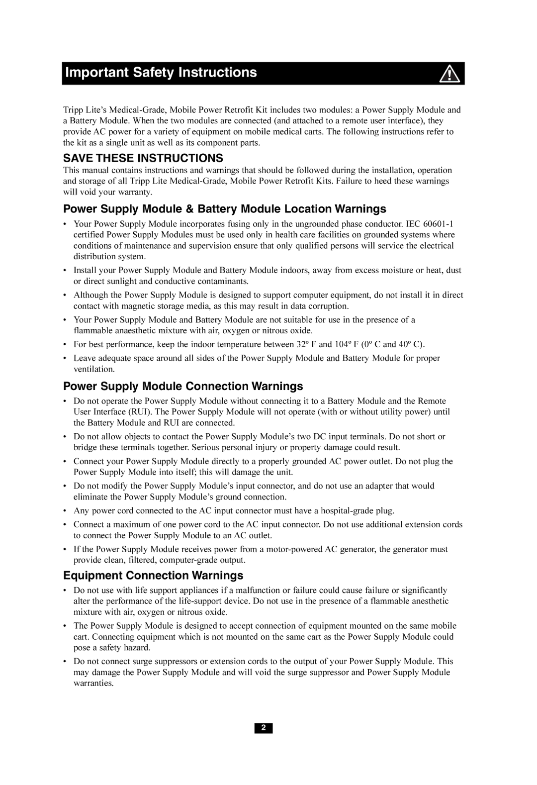 Tripp Lite HCRK-INT Power Supply Module & Battery Module Location Warnings, Power Supply Module Connection Warnings 