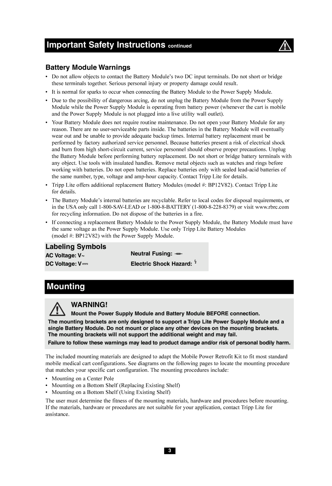 Tripp Lite HCRK-INT owner manual Battery Module Warnings, Labeling Symbols 