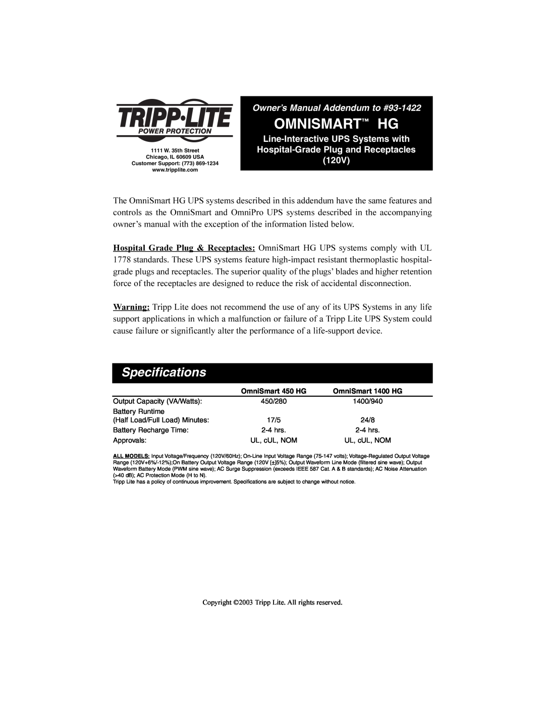 Tripp Lite HG owner manual Omnismart Hg, Specifications 