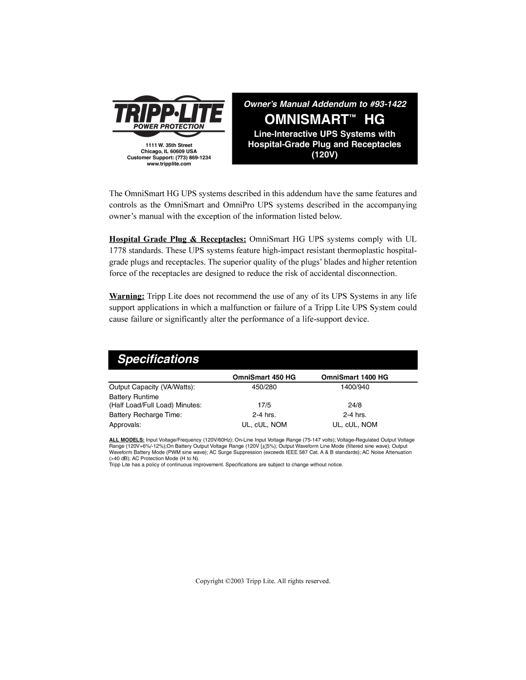 Tripp Lite owner manual Omnismart HG, Specifications, Approvals UL, cUL, NOM 