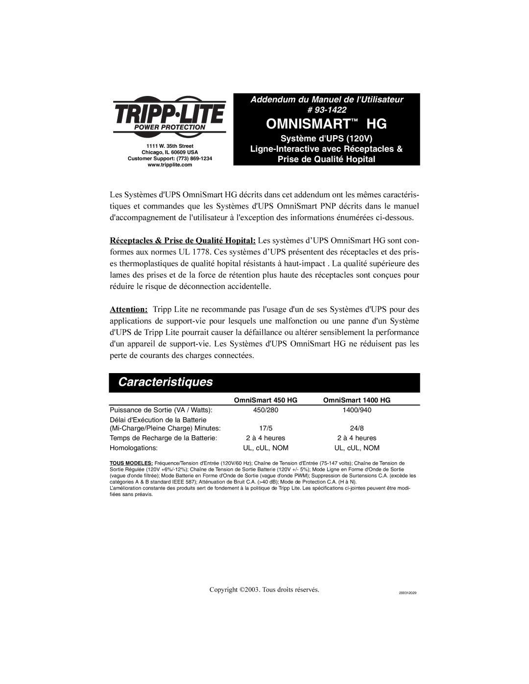 Tripp Lite HG owner manual Caracteristiques, Homologations UL, cUL, NOM 