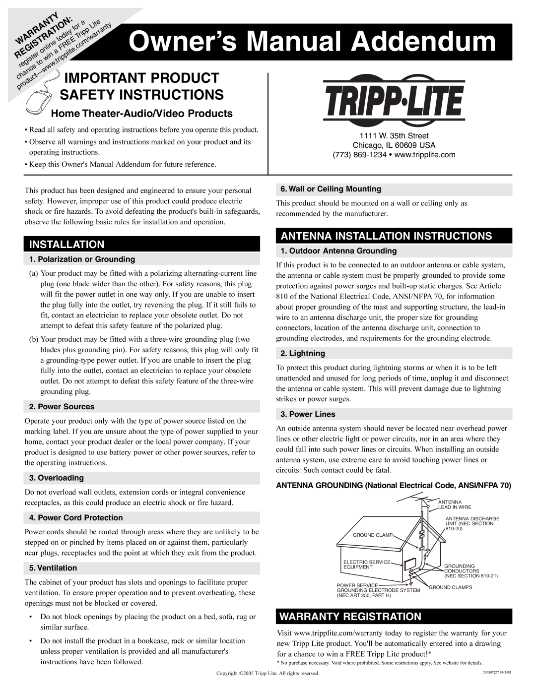 Tripp Lite Home Theater-Audio/Video Products owner manual Antenna Installation Instructions, Warranty Registration 