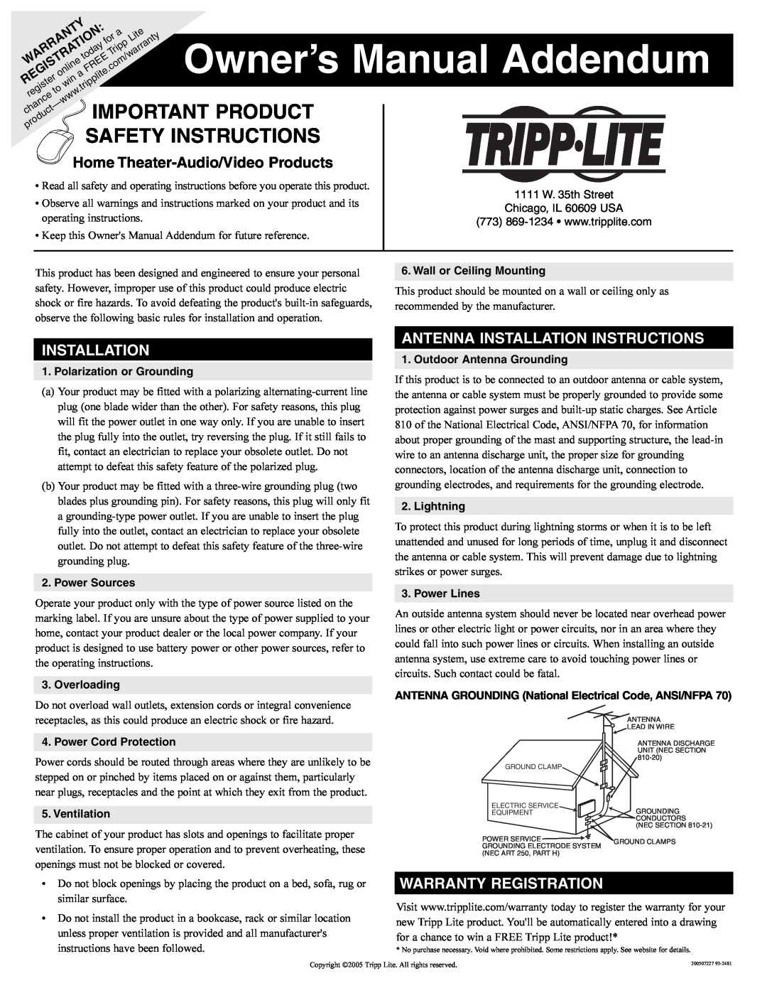 Tripp Lite Home Theater-Audio/Video Products owner manual Important Product, Safety Instructions, Installation, Lightning 