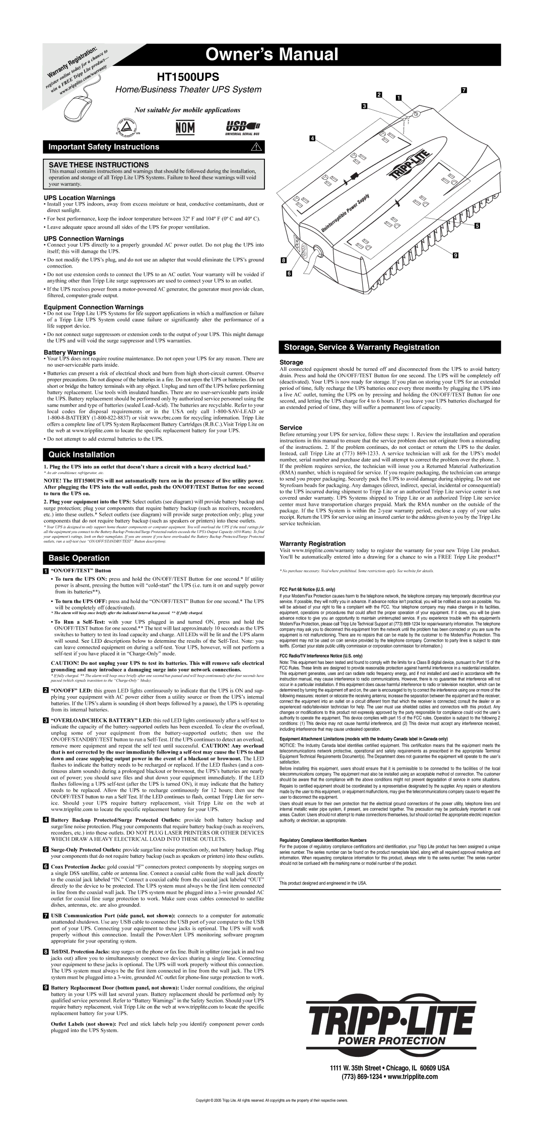 Tripp Lite HT1500UPS owner manual UPS Location Warnings, UPS Connection Warnings, Equipment Connection Warnings, Storage 