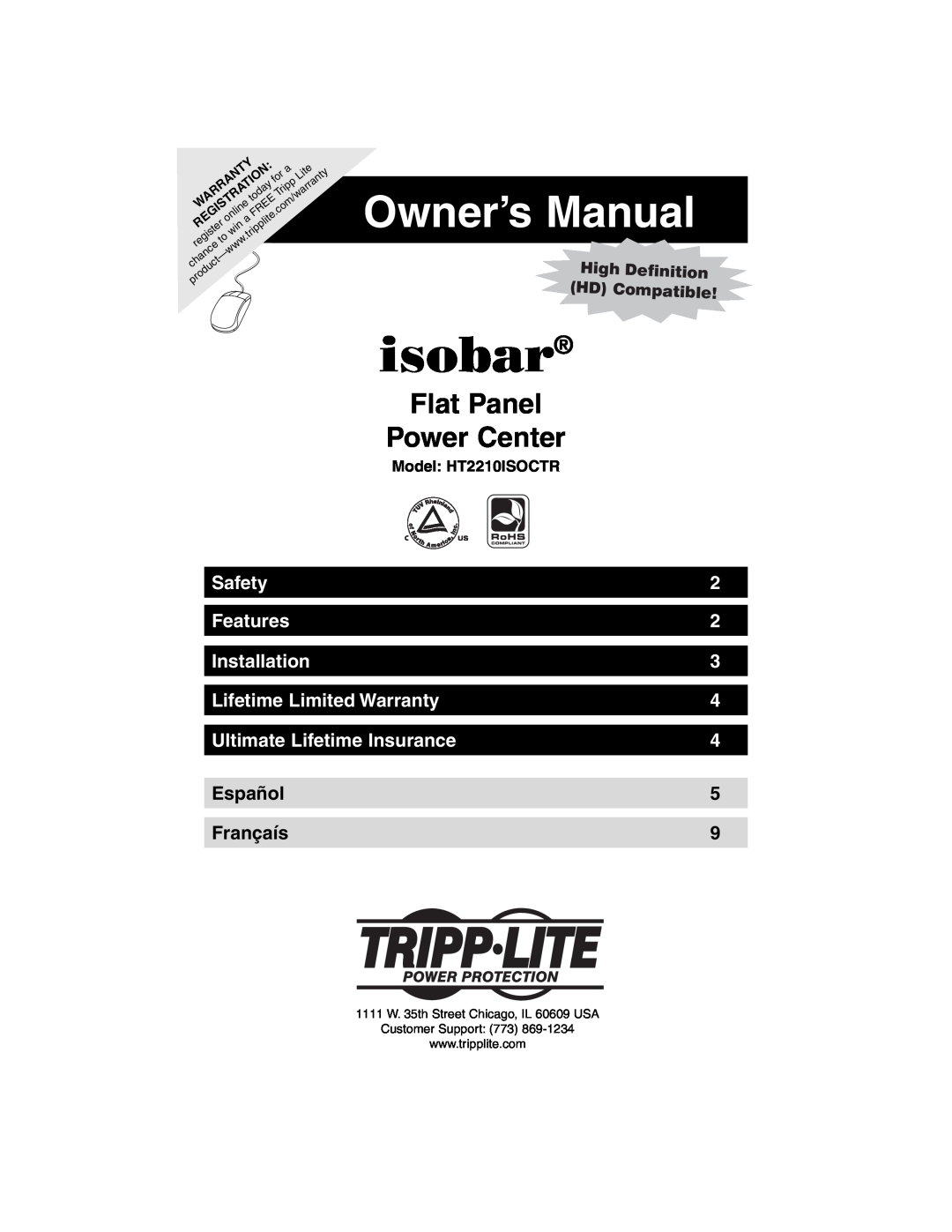 Tripp Lite HT2210ISOCTR owner manual Safety, Features, Installation, Lifetime Limited Warranty, Español, Françaís, isobar 